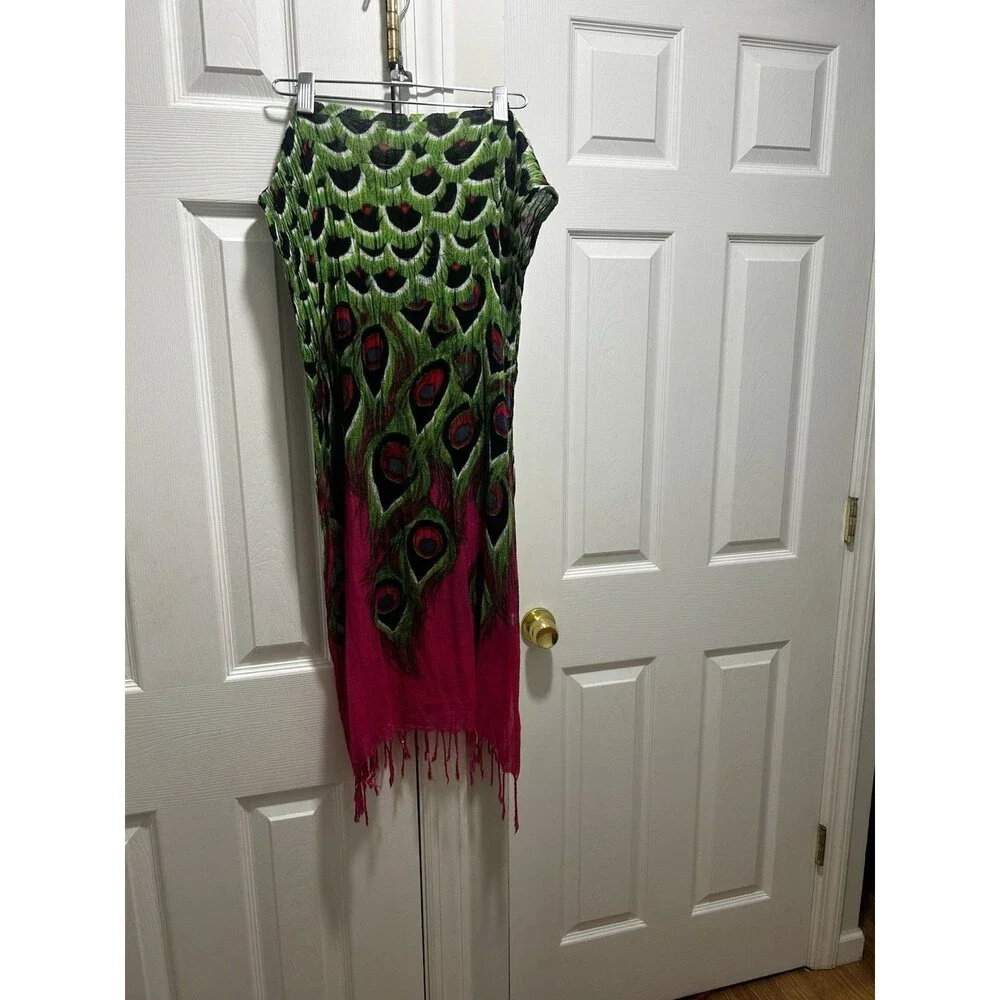Women’s Peacock Print Scarf Pink Green Fringe Lightweight Wrap